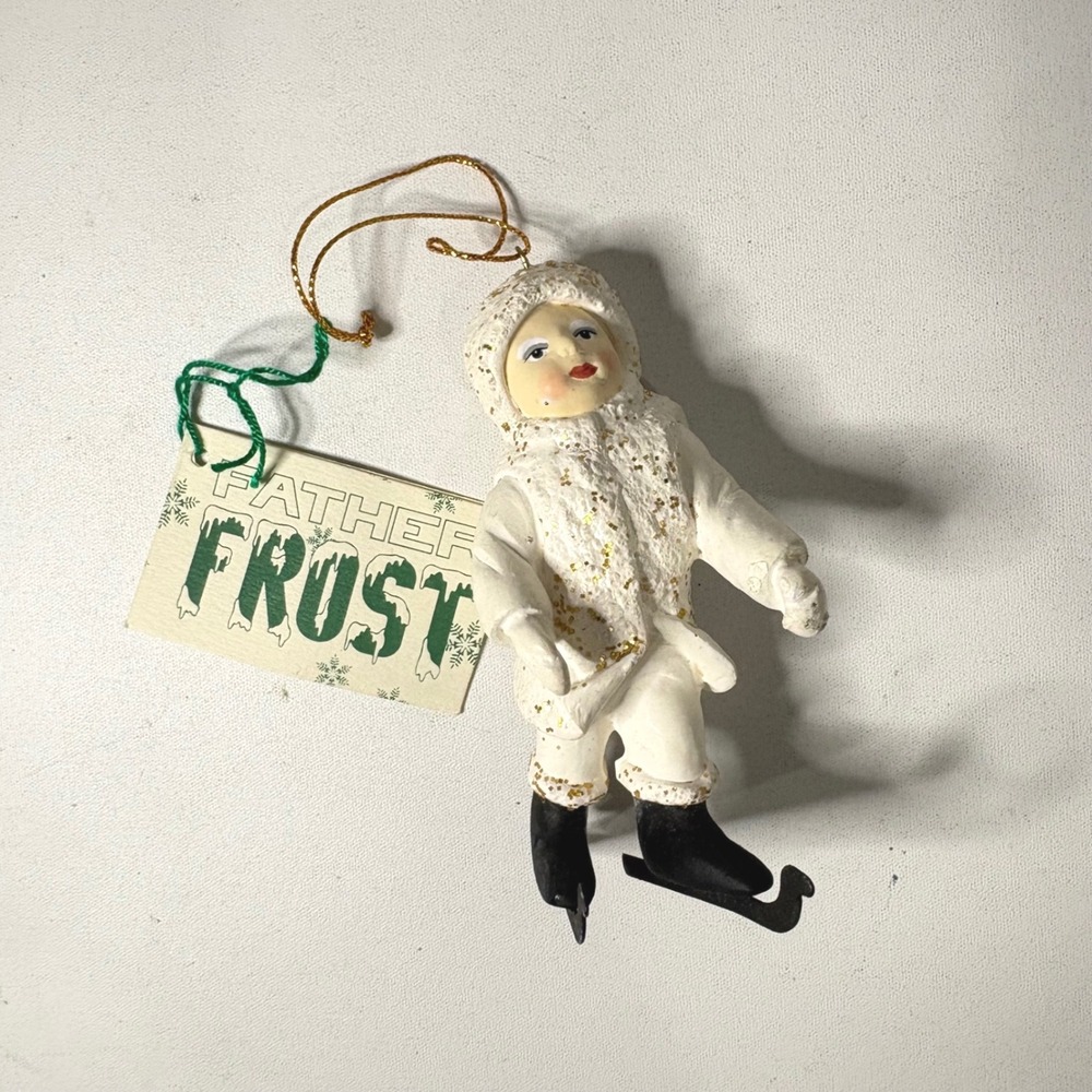 Department 56 Father Frost Ice Skater Christmas Ornament White Gold Glitter Tag